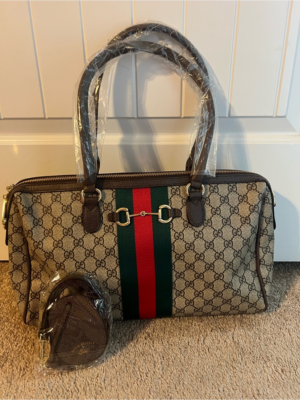 Gucci Beige GG Supreme Canvas Satchel with Green and Red Web Stripe